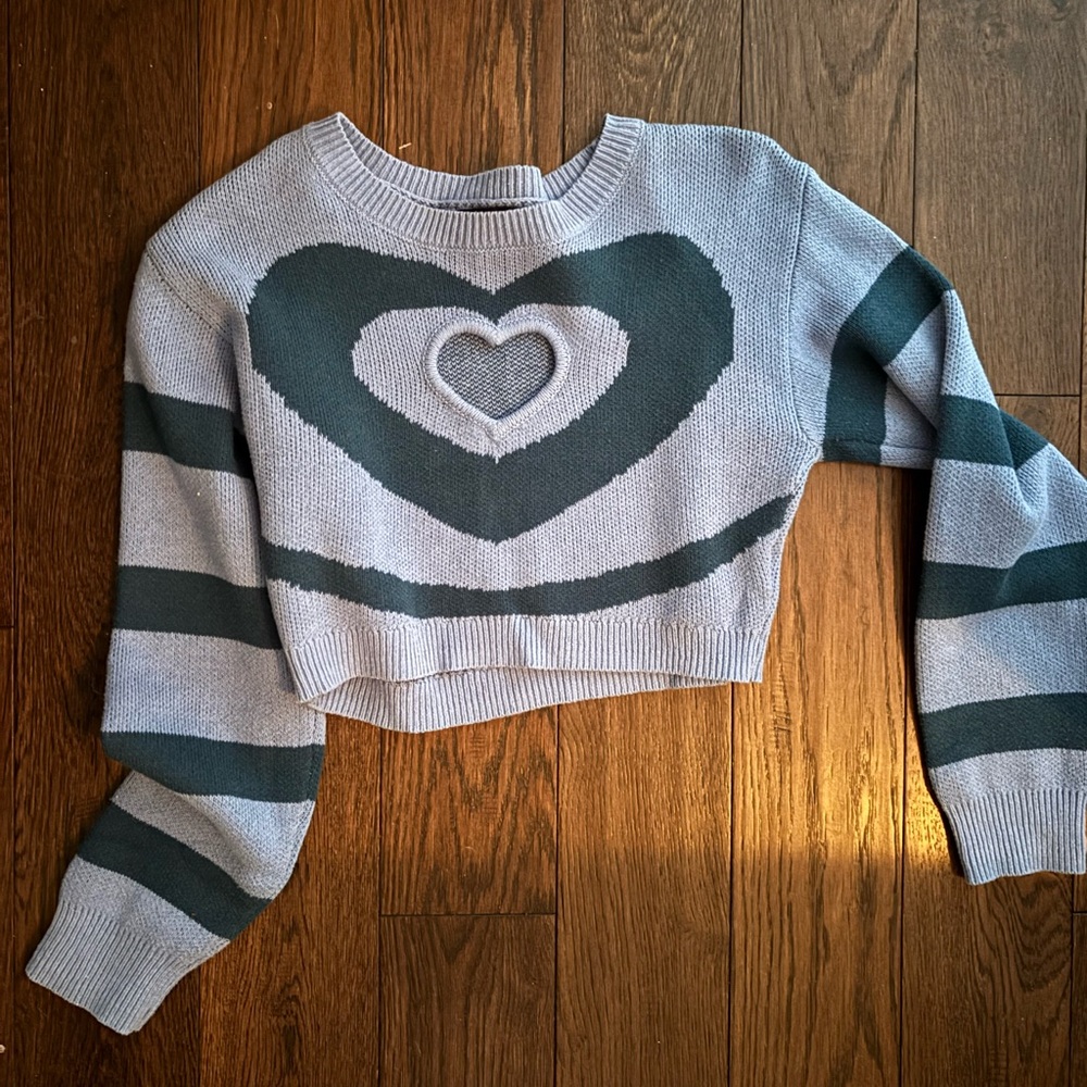 Blue Blush Light Gray and Dark Green Heart Cropped Sweater